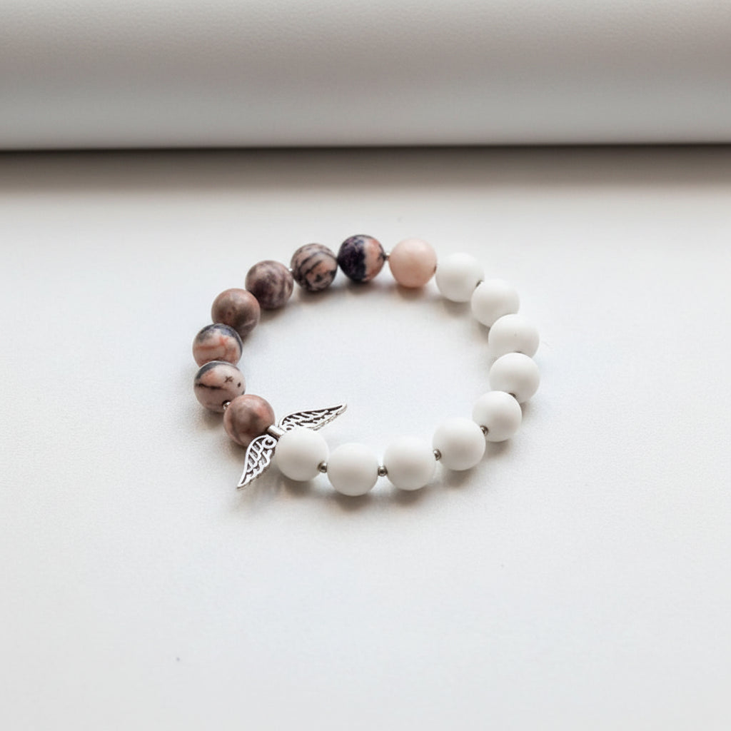 Pink Jaspers and white agate wing charm bracelet
