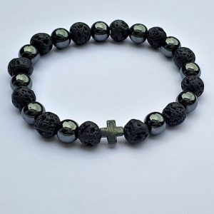 Lava and haematite stone cross bracelet