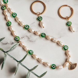 Pearl Necklace with green evil eye beads