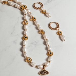 Pearl Necklace with yellow evil eye beads and hoops earrings set